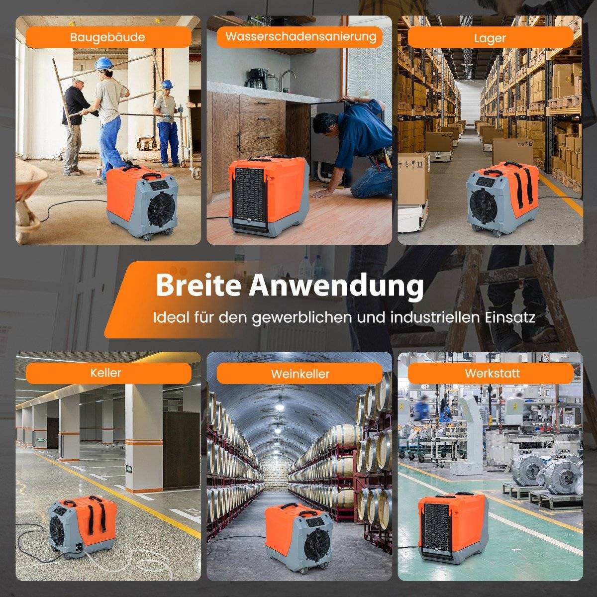 85 L/day dehumidifier construction dryer with pump & drain hose industrial drying device with 24H timer orange + gray