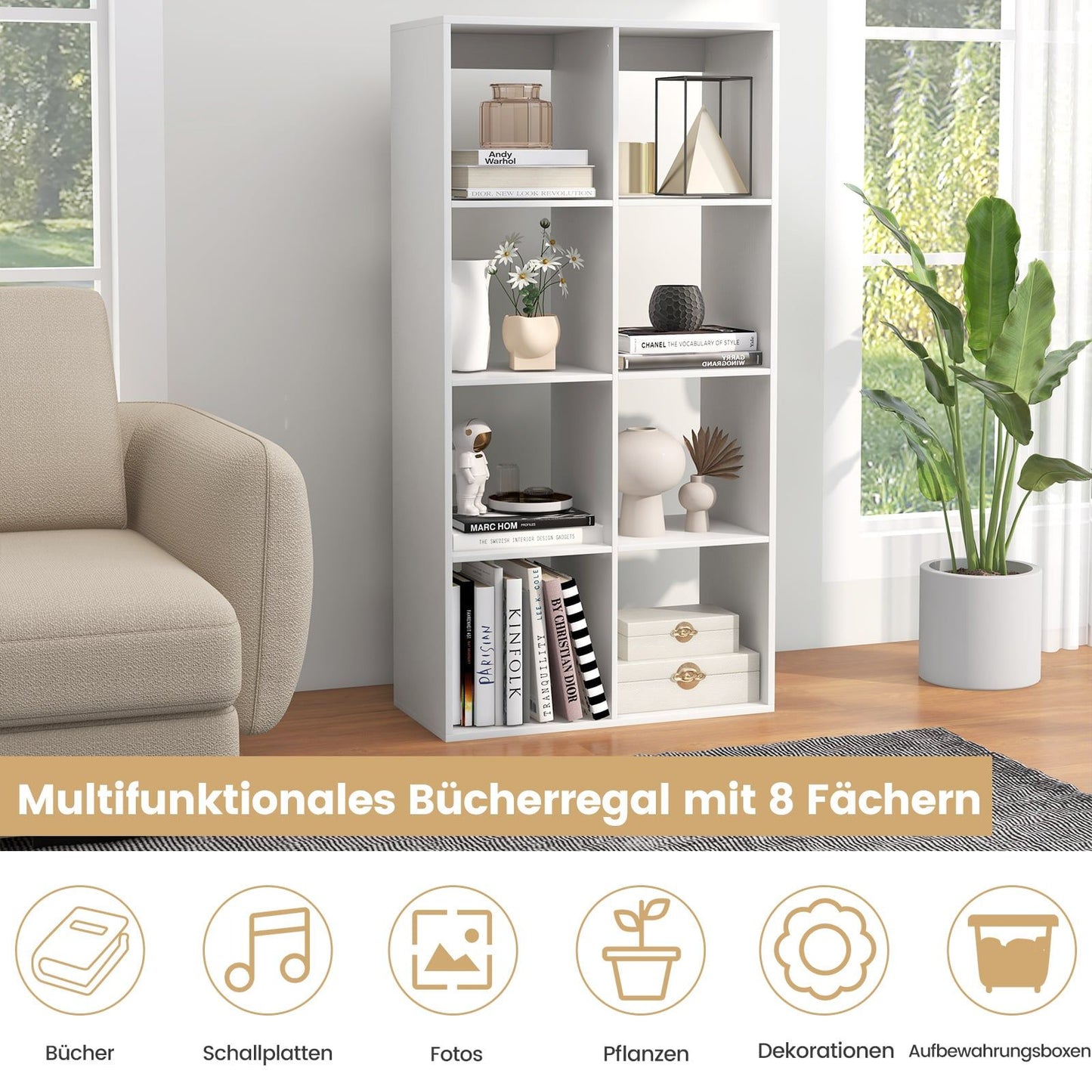 8-Cube Bookshelf with Back Rail & Anti-Tip Kit, White