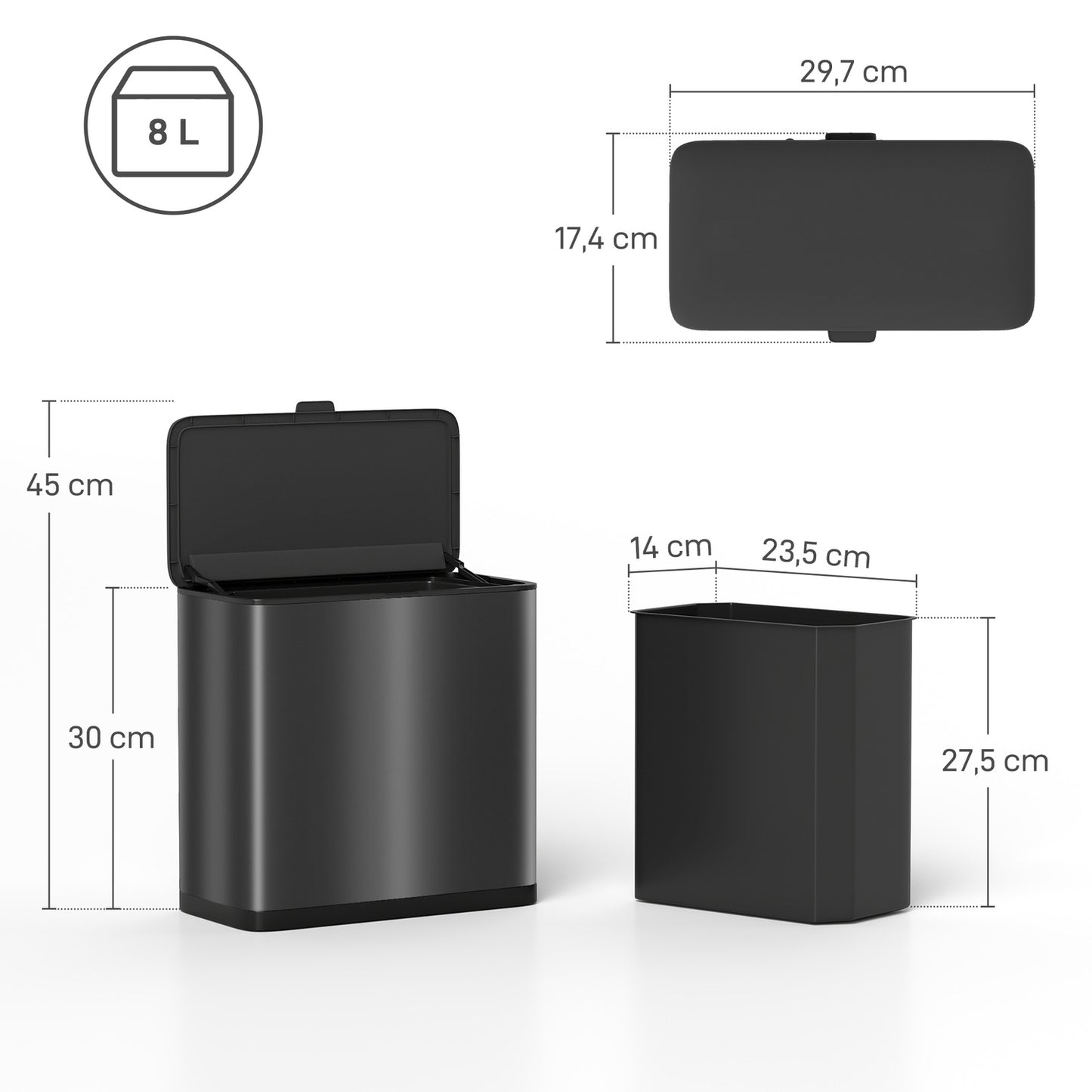 8L Stainless Steel Trash Can, Freestanding or Wall-Mounted