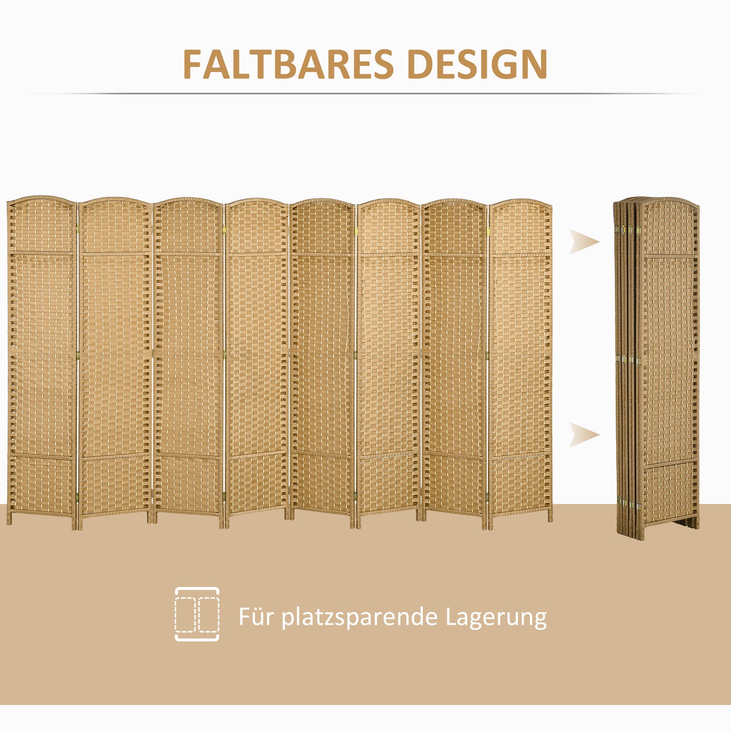 8-Panel Folding Room Divider, Polypropylene, Natural Wood