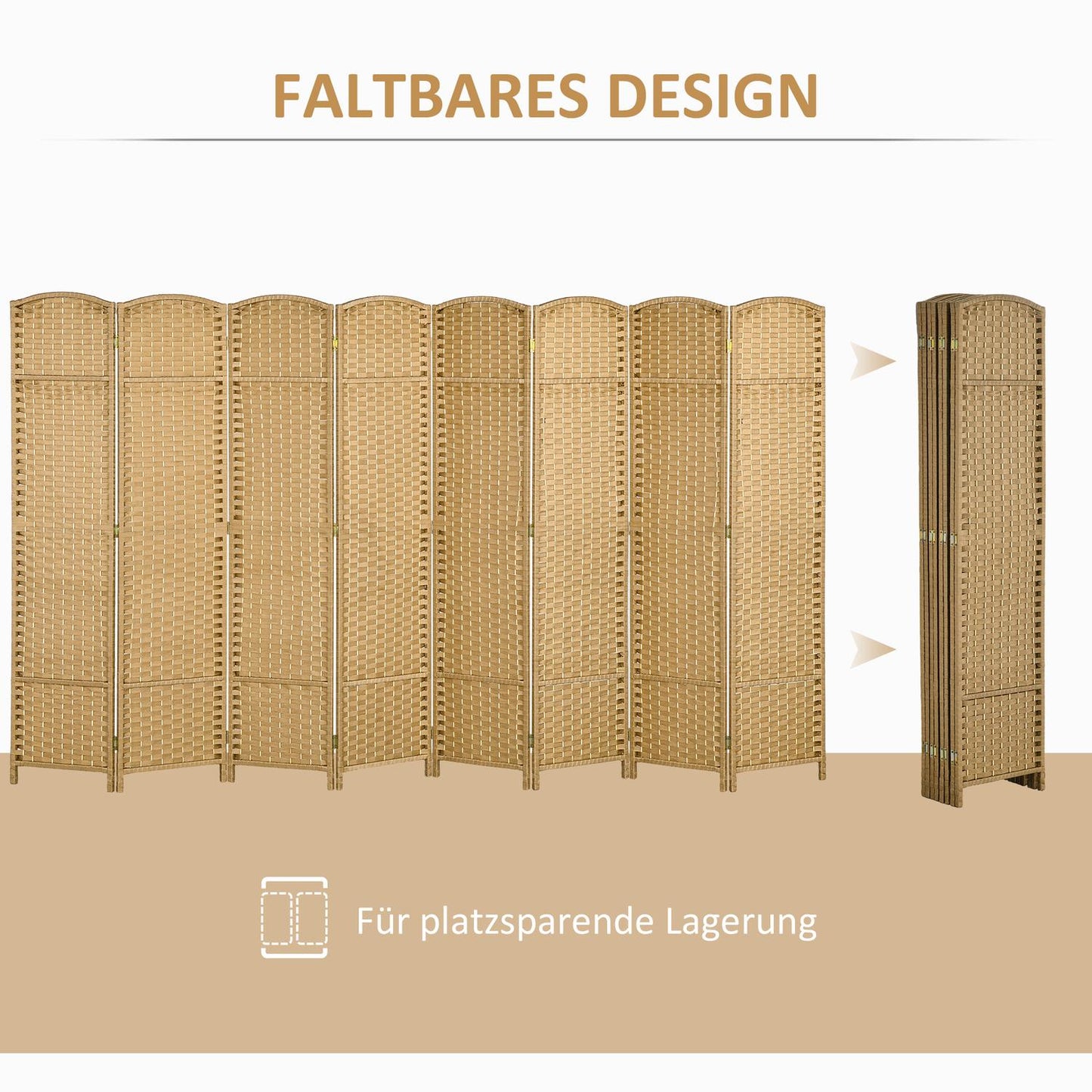8-Panel Folding Room Divider, Polypropylene, Natural Wood