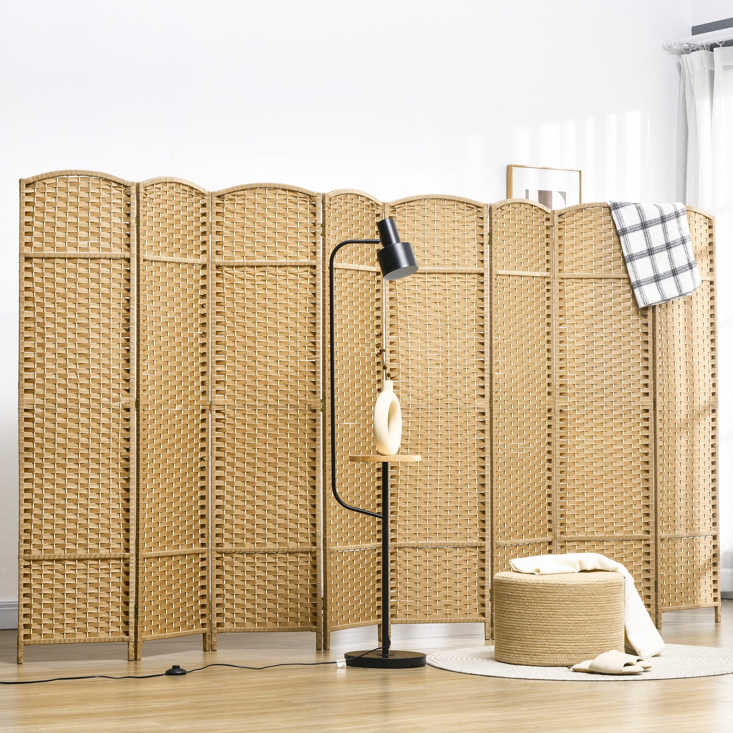 8-Panel Folding Room Divider, Polypropylene, Natural Wood