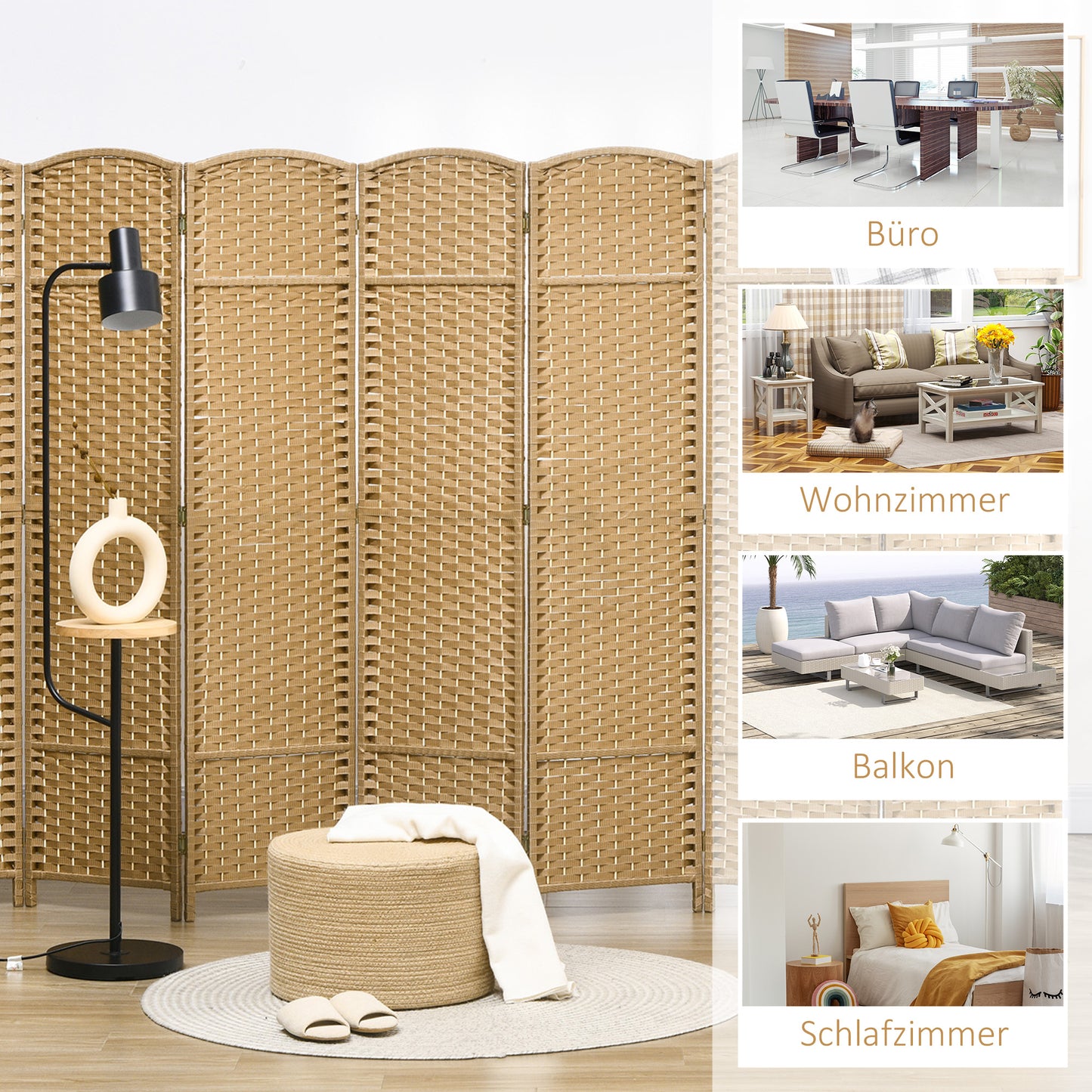8-Panel Folding Room Divider, Polypropylene, Natural Wood
