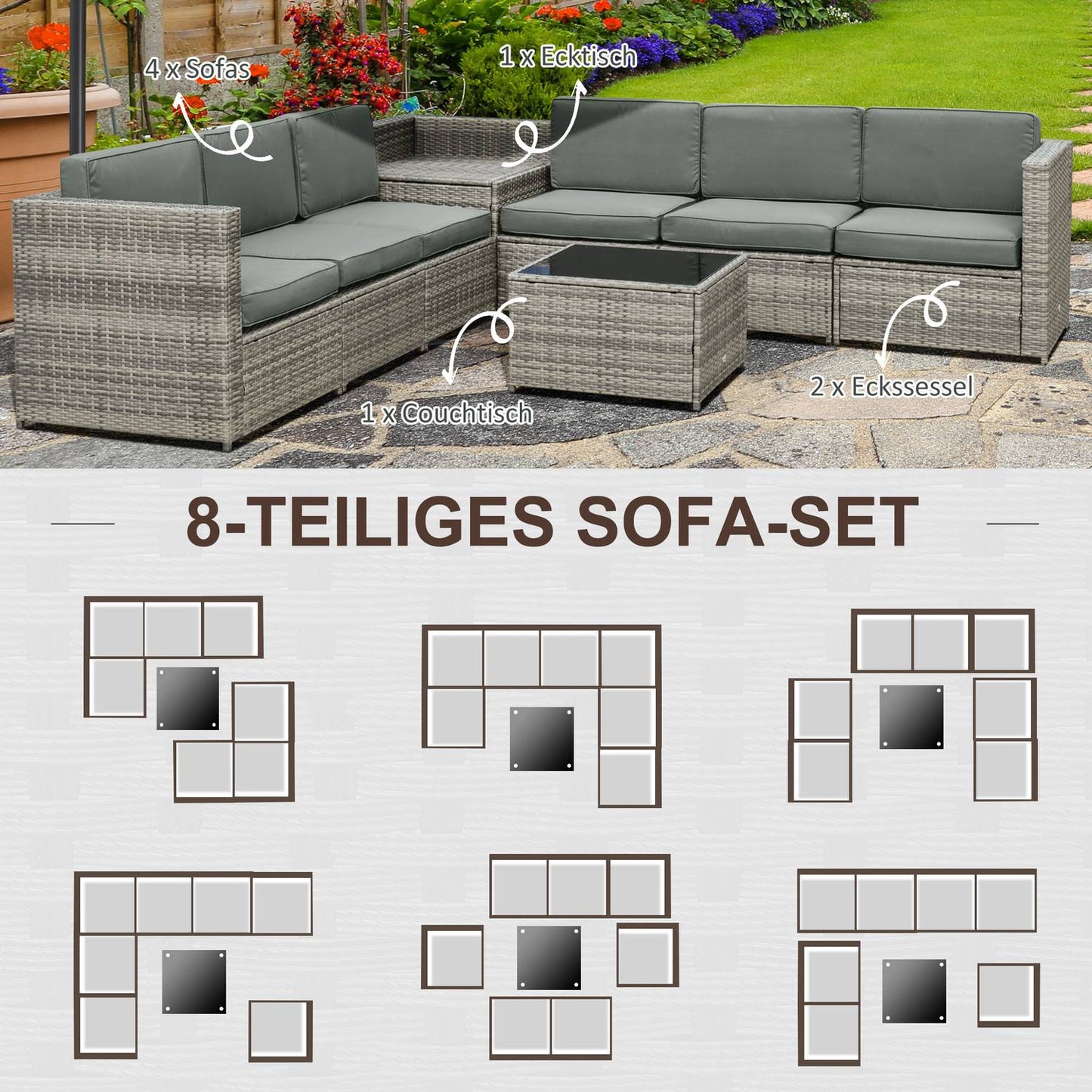 8-part patio in poly rattan, gray steel and polyester