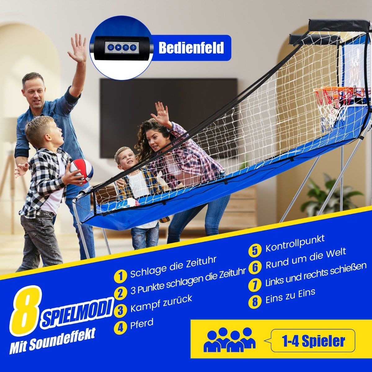 8 in 1 Basketball Machine with 4 Balls & Air Pump & 8 Game Modes Arcade Basketball Games Blue + White