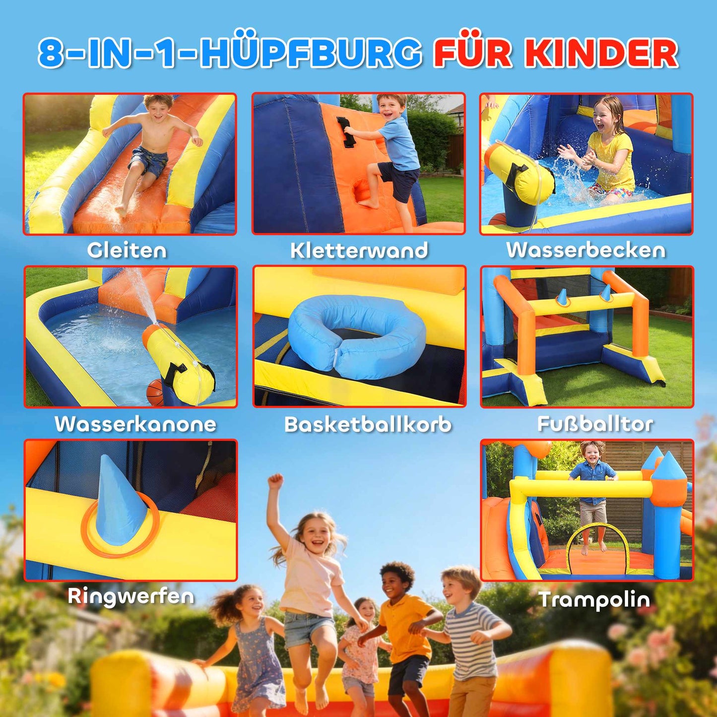 8-in-1 Bounce House with Slide, Pool, Climbing Wall