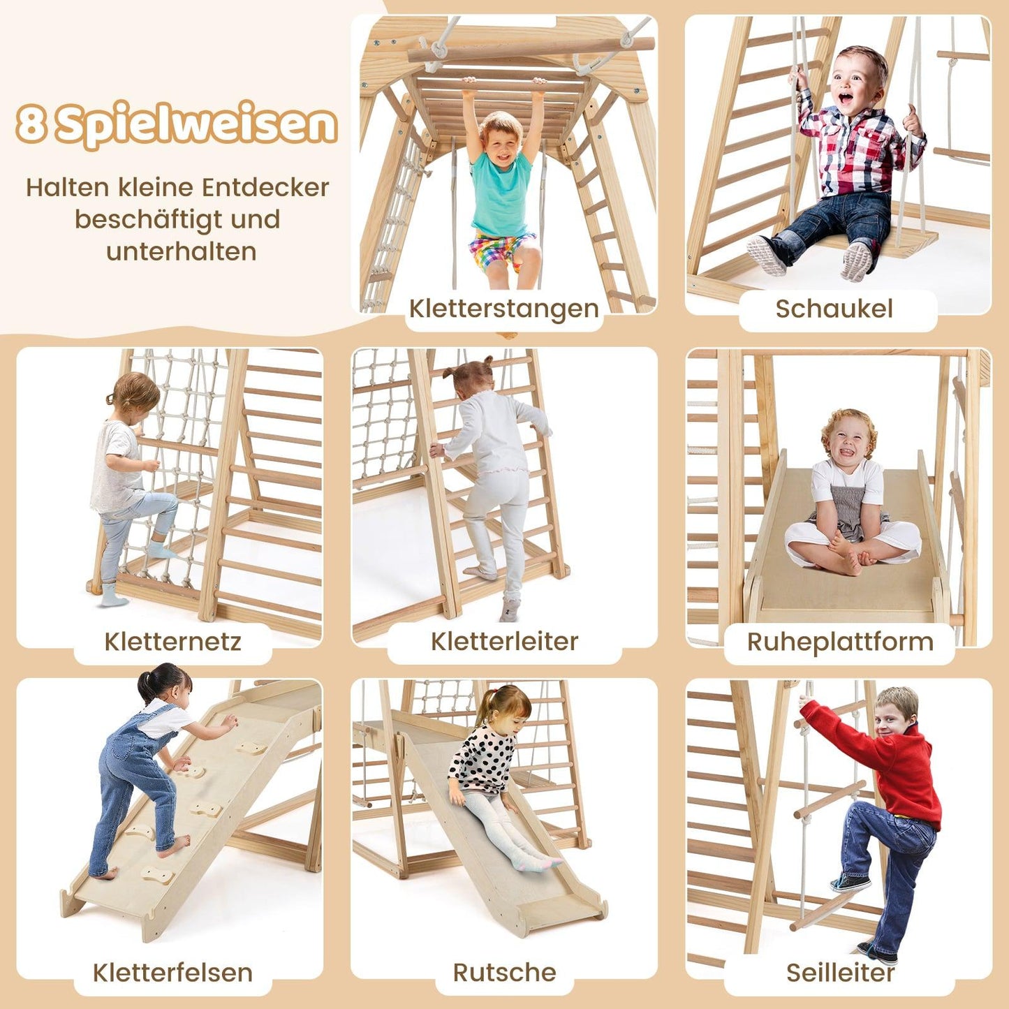 8-in-1 Wooden Montessori Climbing Set for Kids 3-5