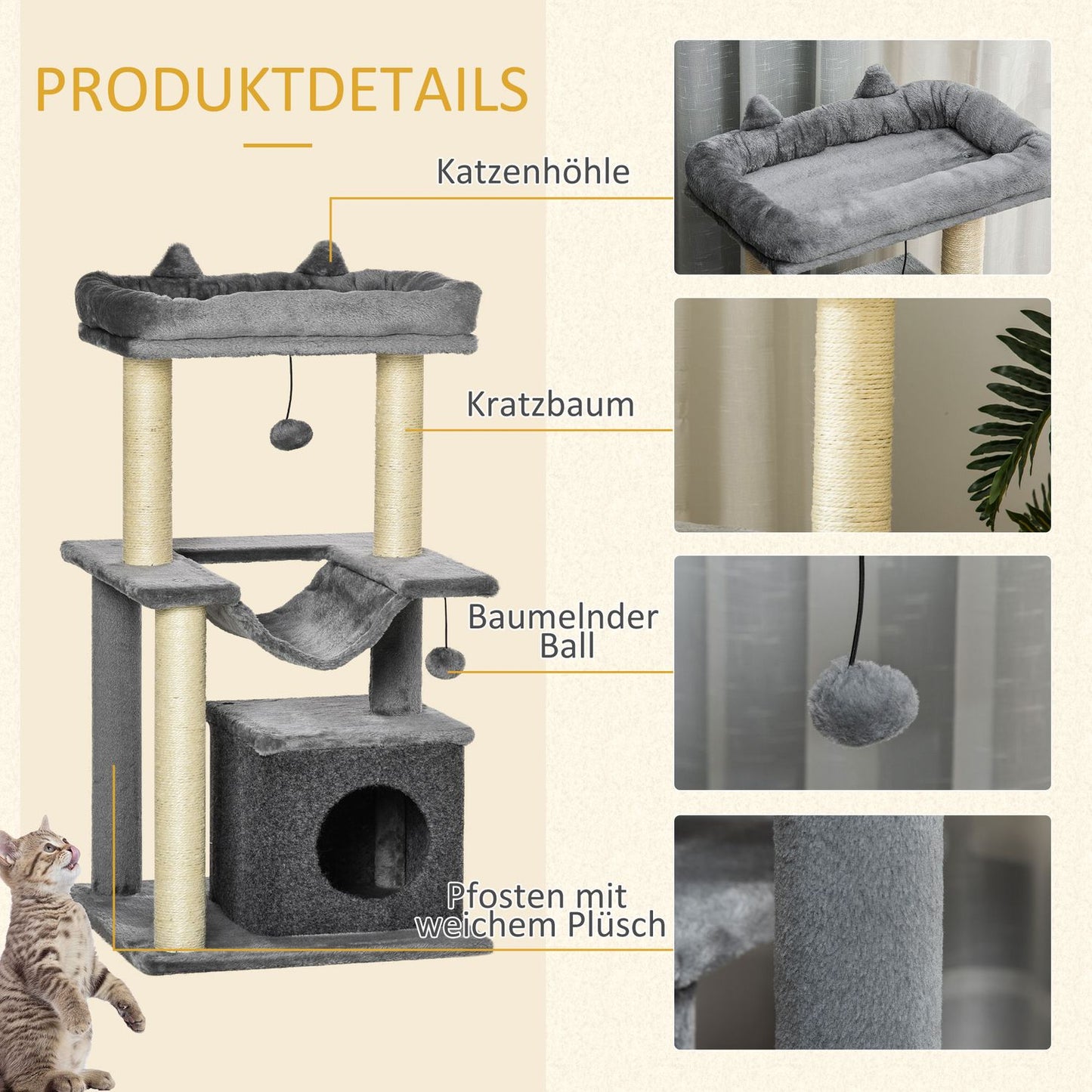 Cat climbing tree with hammock, plush sisal, 90 cm, grey
