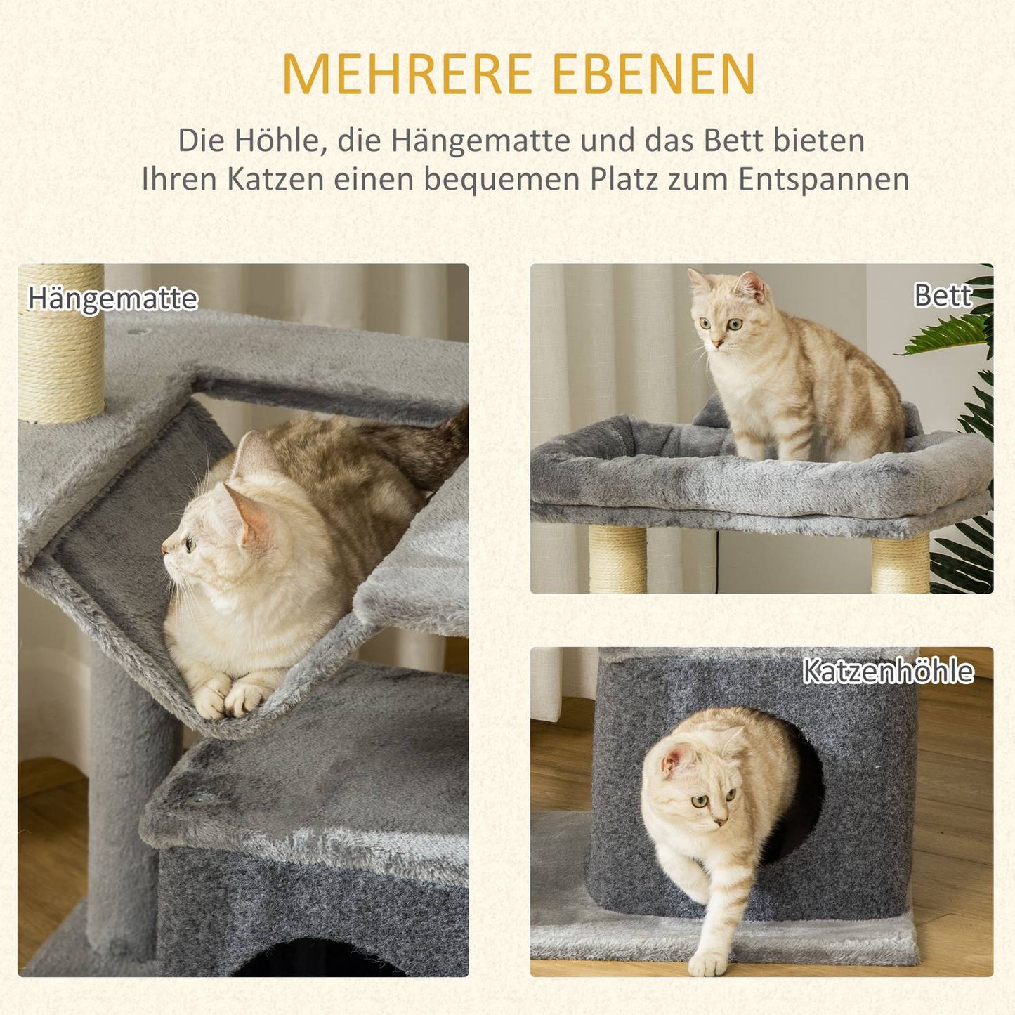 Cat climbing tree with hammock, plush sisal, 90 cm, grey