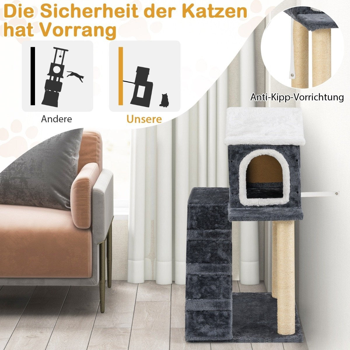 90 cm High Scratching Post with Large Cave & Ladder & Sisal Posts Cat Tree Climbing Tree Grey
