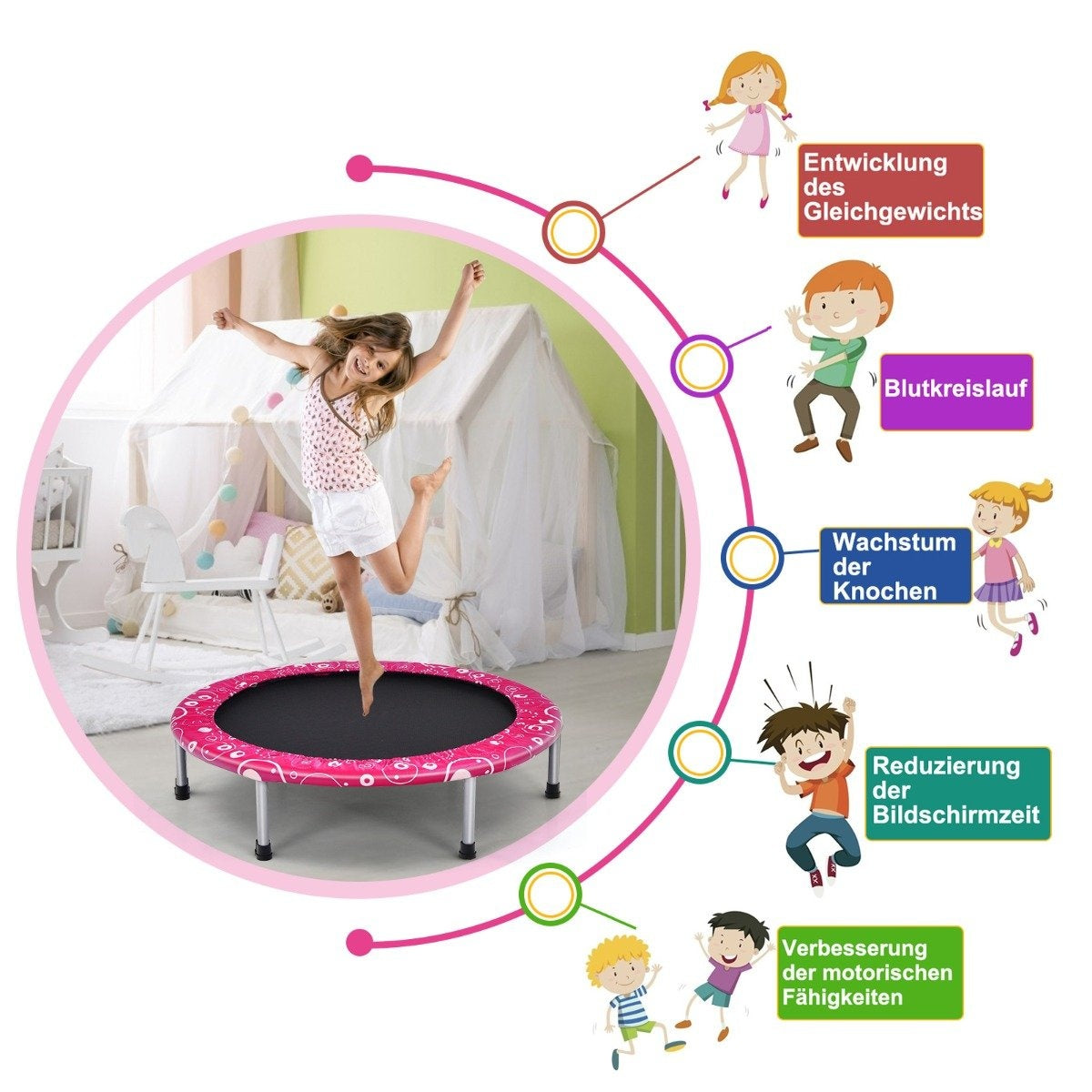 92 cm children's trampoline, mini trampoline with handle, foldable trampoline, load capacity up to 150 kg, pink + black