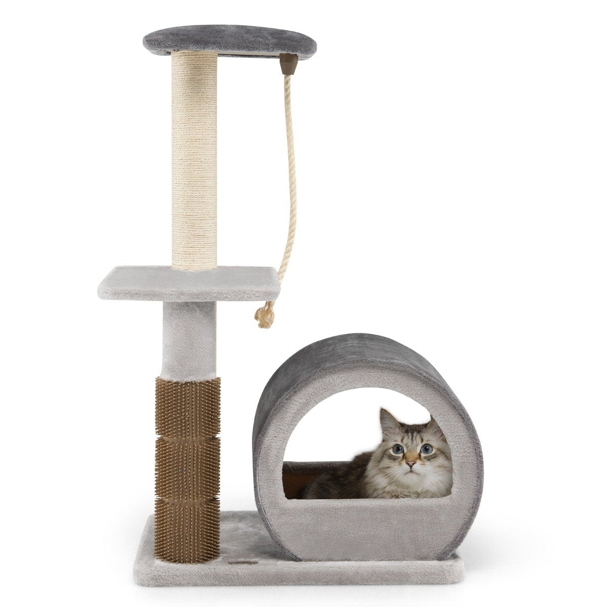 92 cm scratching post with bamboo cave & scratching board & grooming brush & ball & plush seat gray