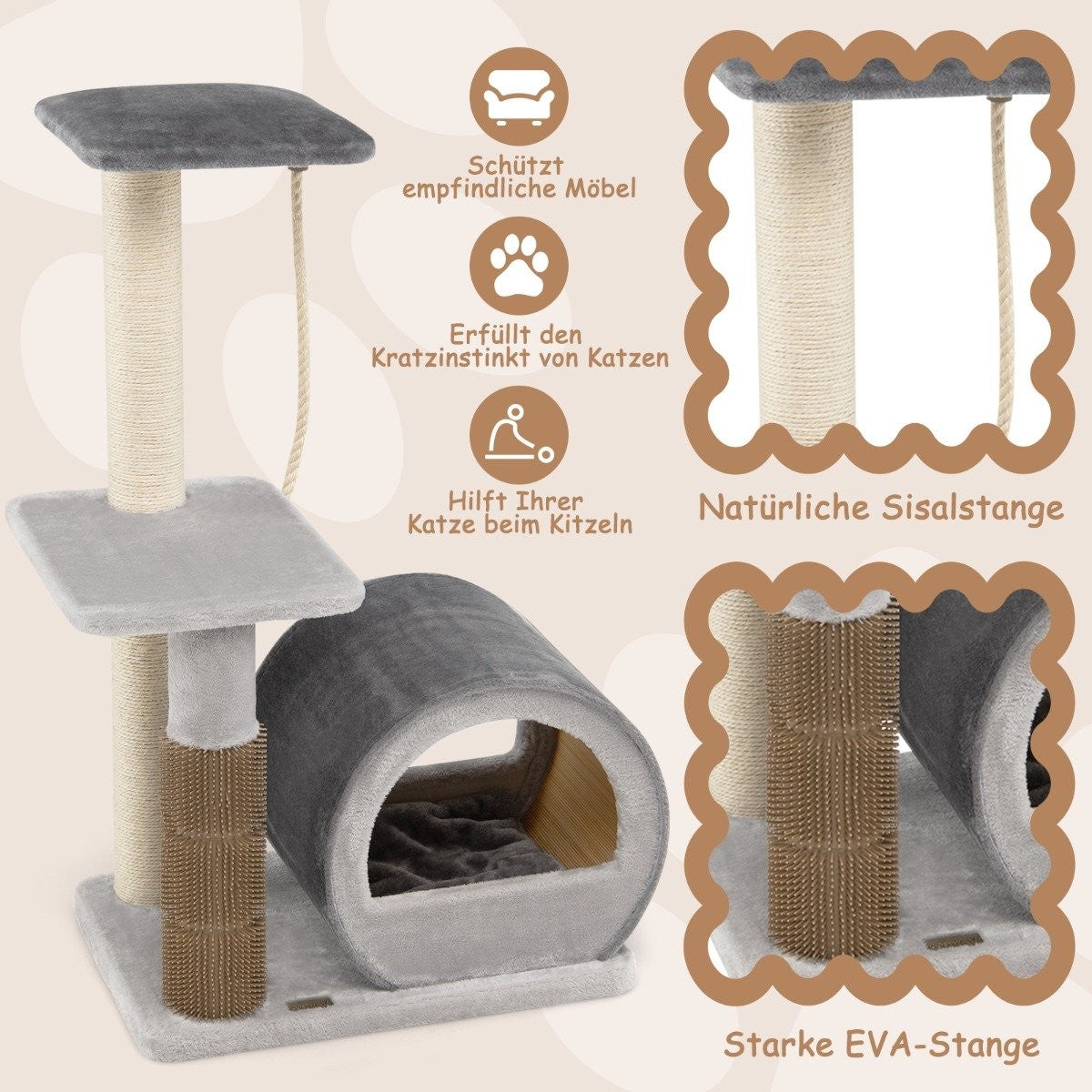 92 cm scratching post with bamboo cave & scratching board & grooming brush & ball & plush seat gray
