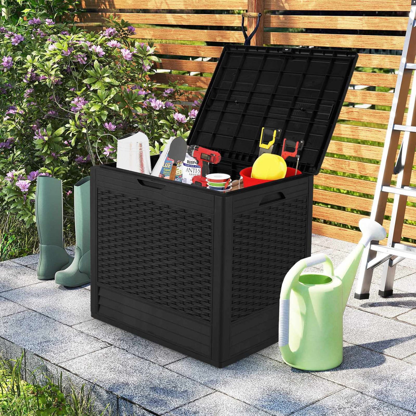 96L Outdoor Storage Box, Lockable Lid, Rattan Pattern