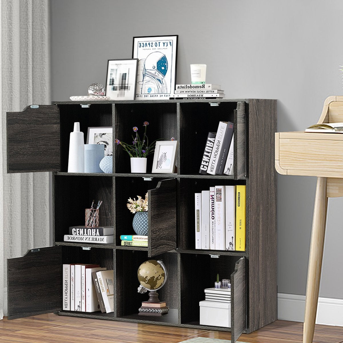 9-Compartment Storage Organizer Shelf with Doors Freestanding Wooden Bookshelf-Gray