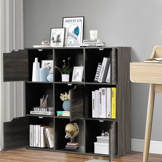 9-Compartment Storage Organizer Shelf with Doors Freestanding Wooden Bookshelf-Gray