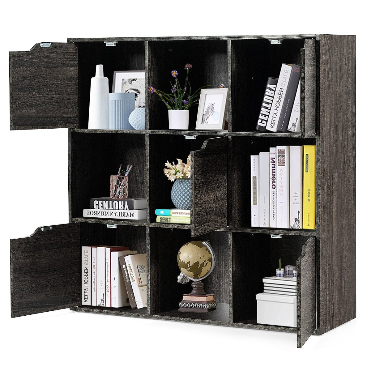 9-Compartment Storage Organizer Shelf with Doors Freestanding Wooden Bookshelf-Gray