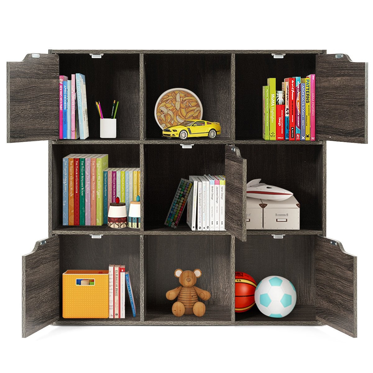9-Compartment Storage Organizer Shelf with Doors Freestanding Wooden Bookshelf-Gray