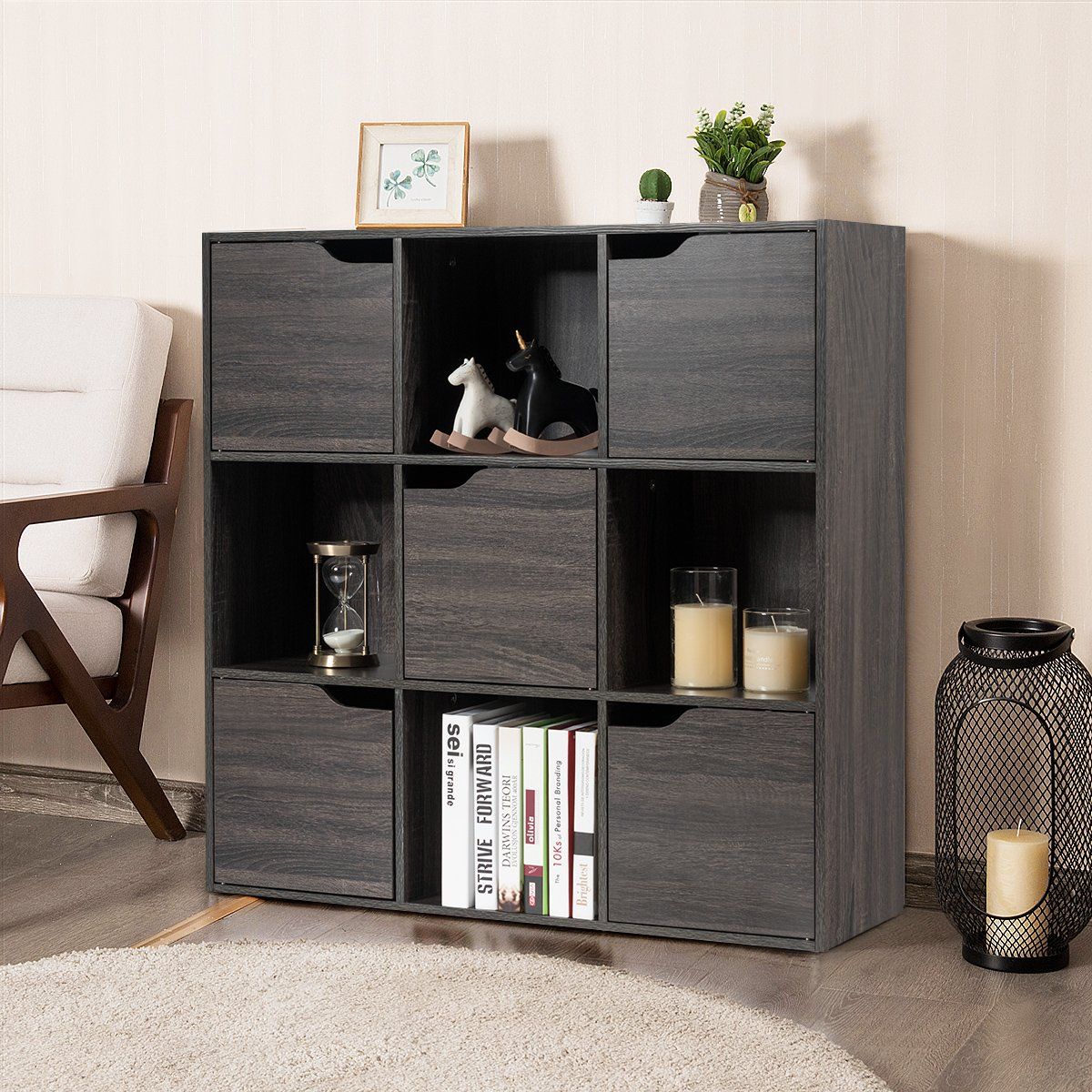 9-Compartment Storage Organizer Shelf with Doors Freestanding Wooden Bookshelf-Gray