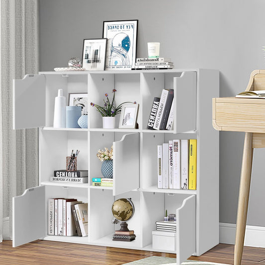 9 Compartment Storage Organizer Shelf with Doors Freestanding Wooden Bookshelf-White