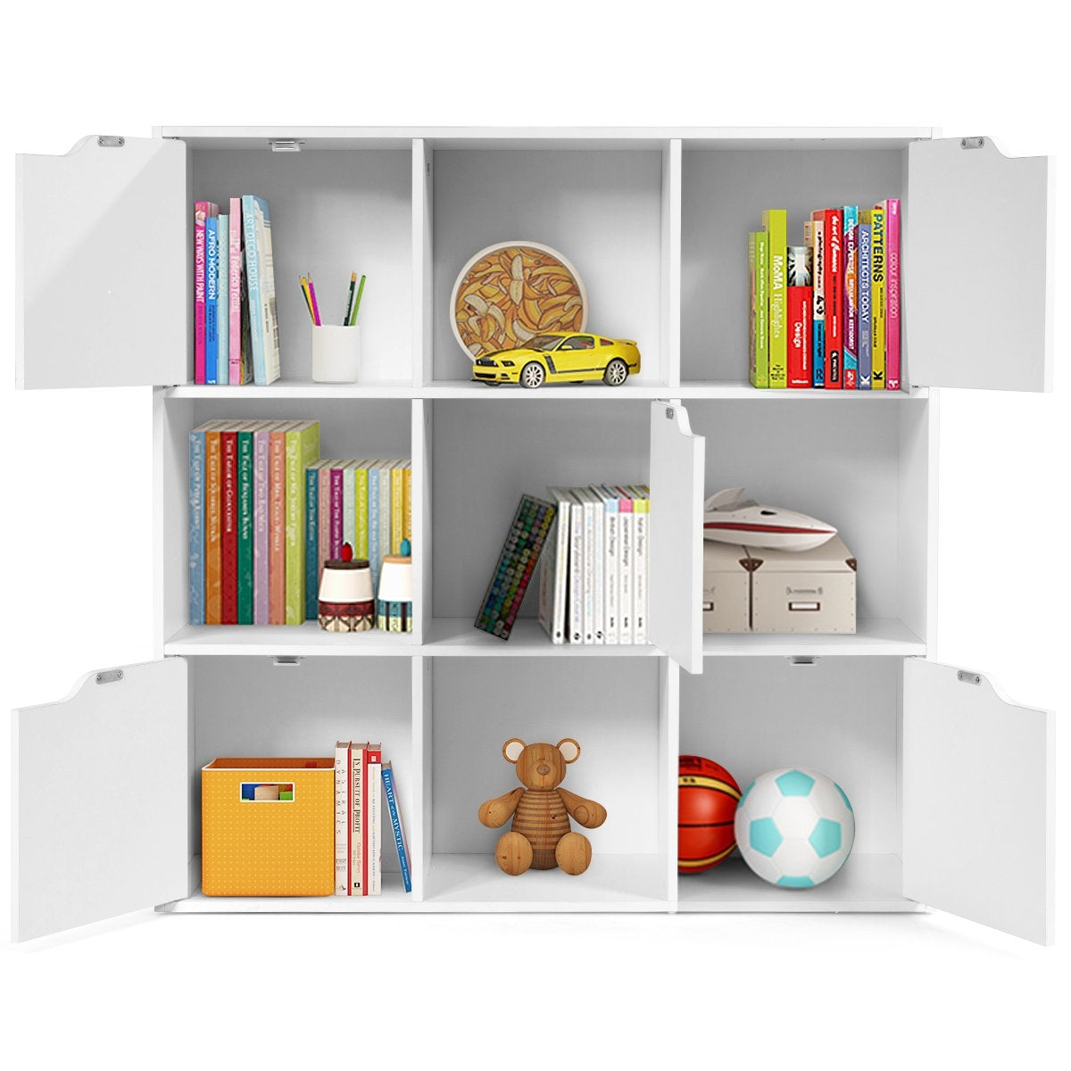 9 Compartment Storage Organizer Shelf with Doors Freestanding Wooden Bookshelf-White