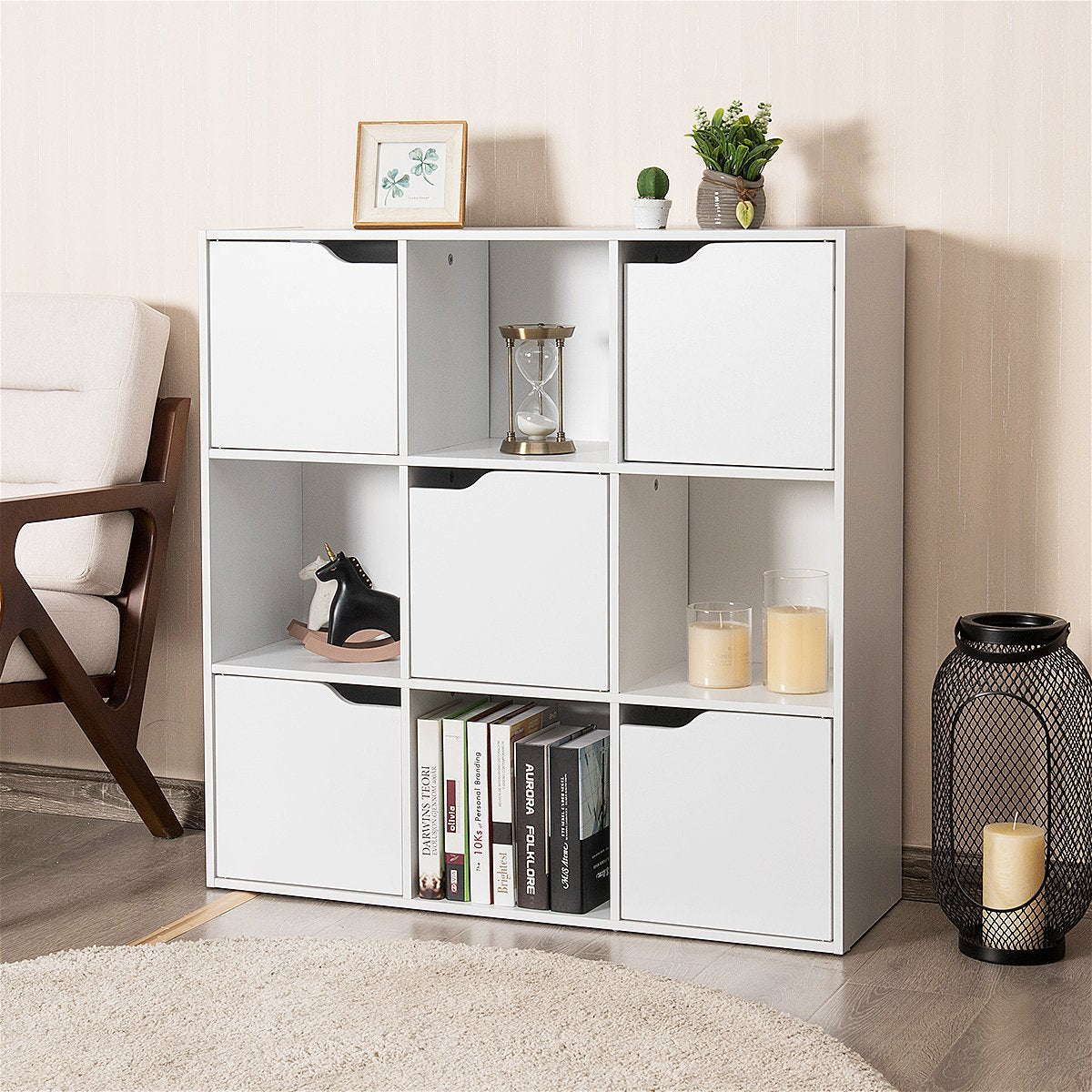 9 Compartment Storage Organizer Shelf with Doors Freestanding Wooden Bookshelf-White