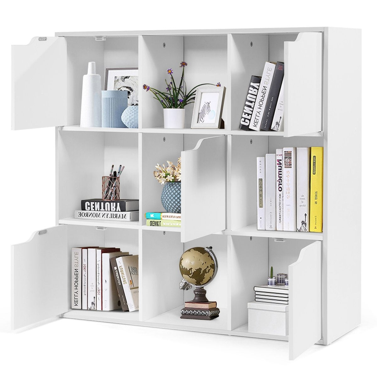9 Compartment Storage Organizer Shelf with Doors Freestanding Wooden Bookshelf-White
