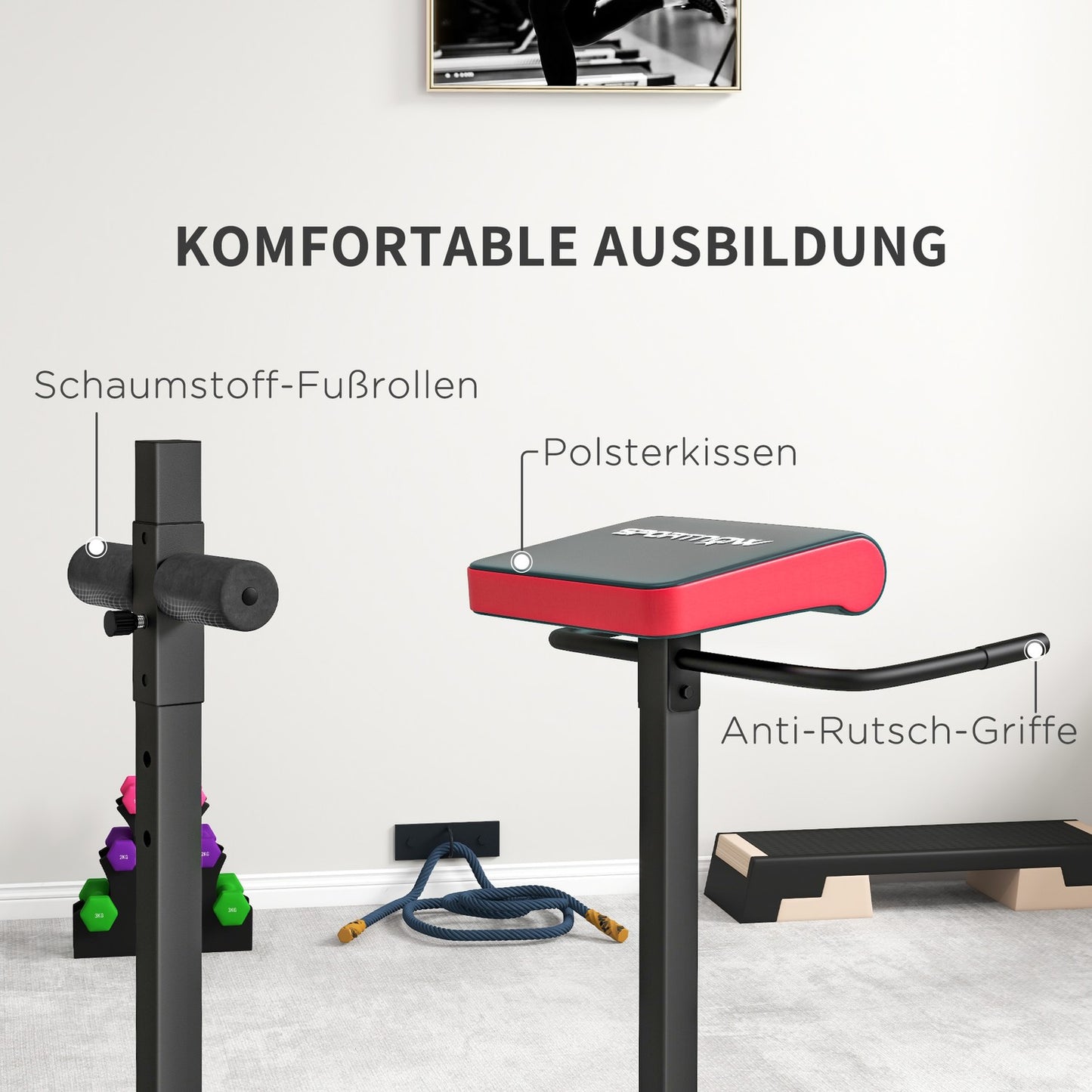 Abdominal & back trainer, activates muscles, 6 leg roller positions, side handles, steel frame