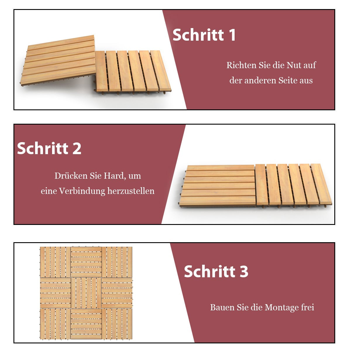 Acacia Wood Deck Tiles, 30x30 cm, Interlocking, 10-Pack