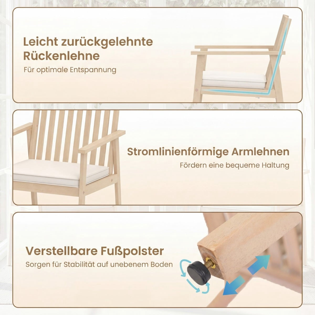 Acacia Wood Outdoor Chairs Set, Cushioned, 180kg Capacity
