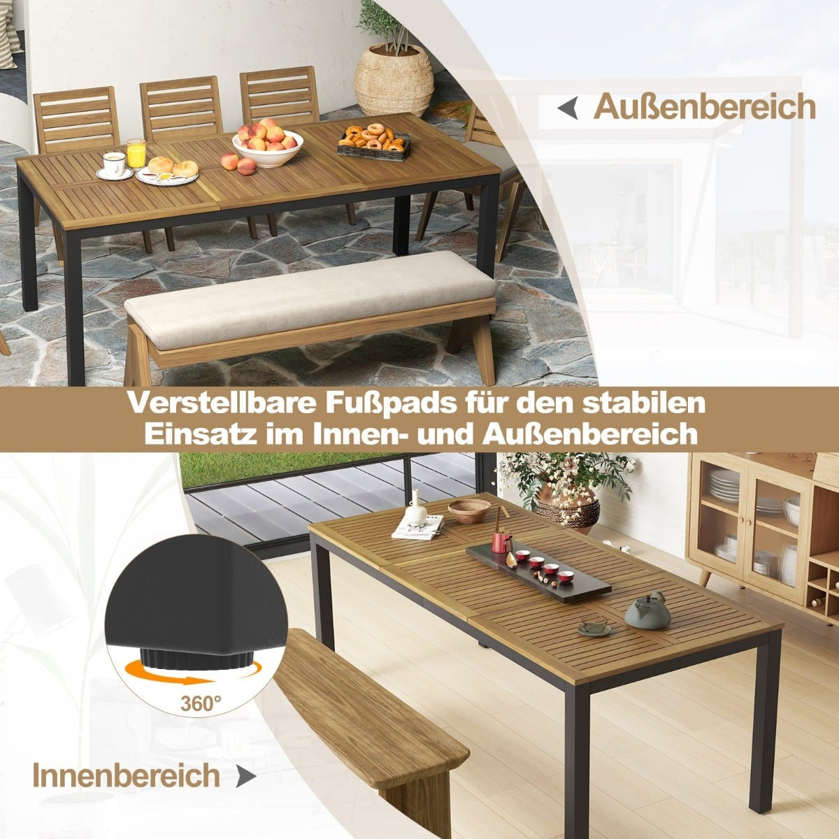Acacia Wood Outdoor Dining Table for 8, 200x90 cm