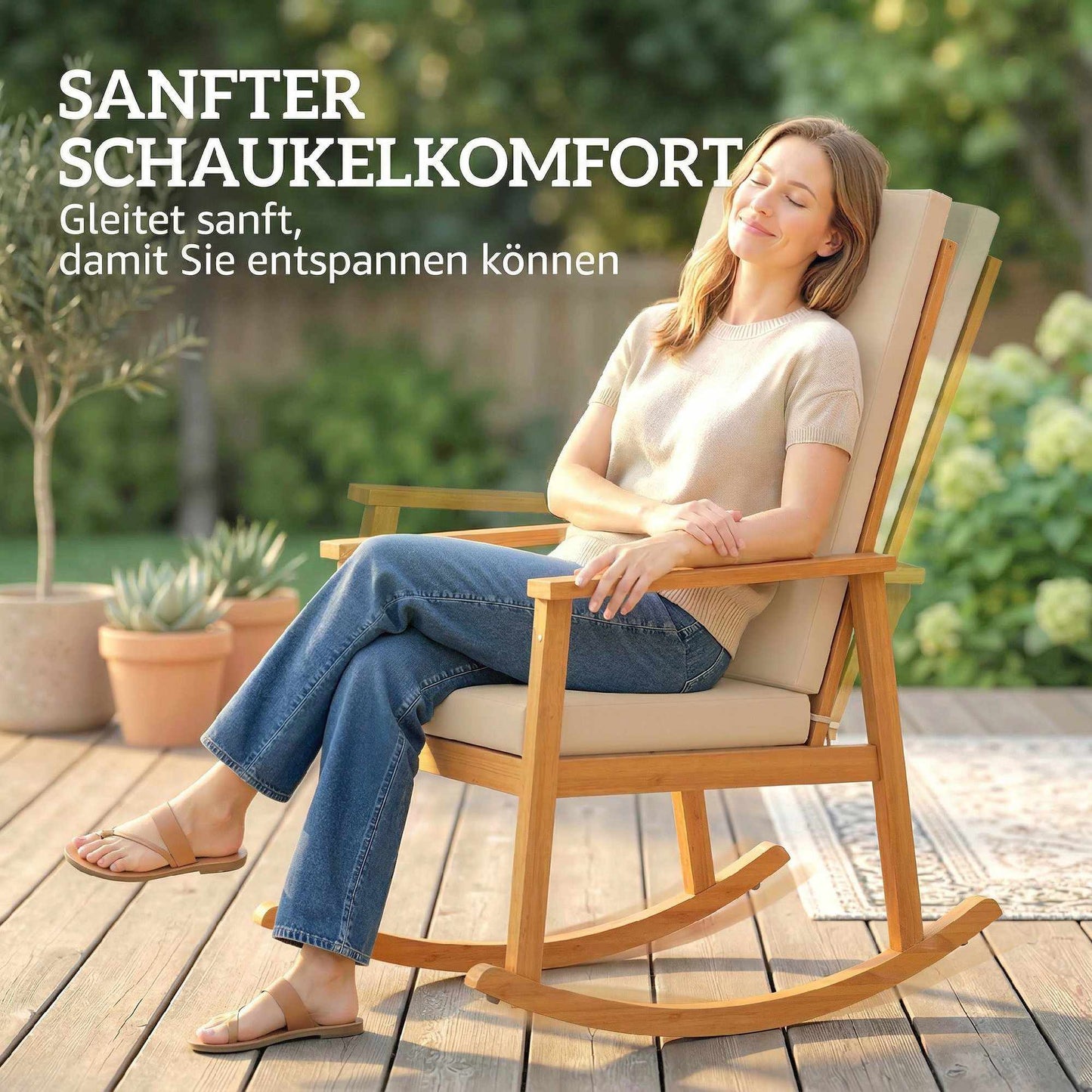 Acacia Wood Rocking Chair with Cushion, 160 kg Capacity