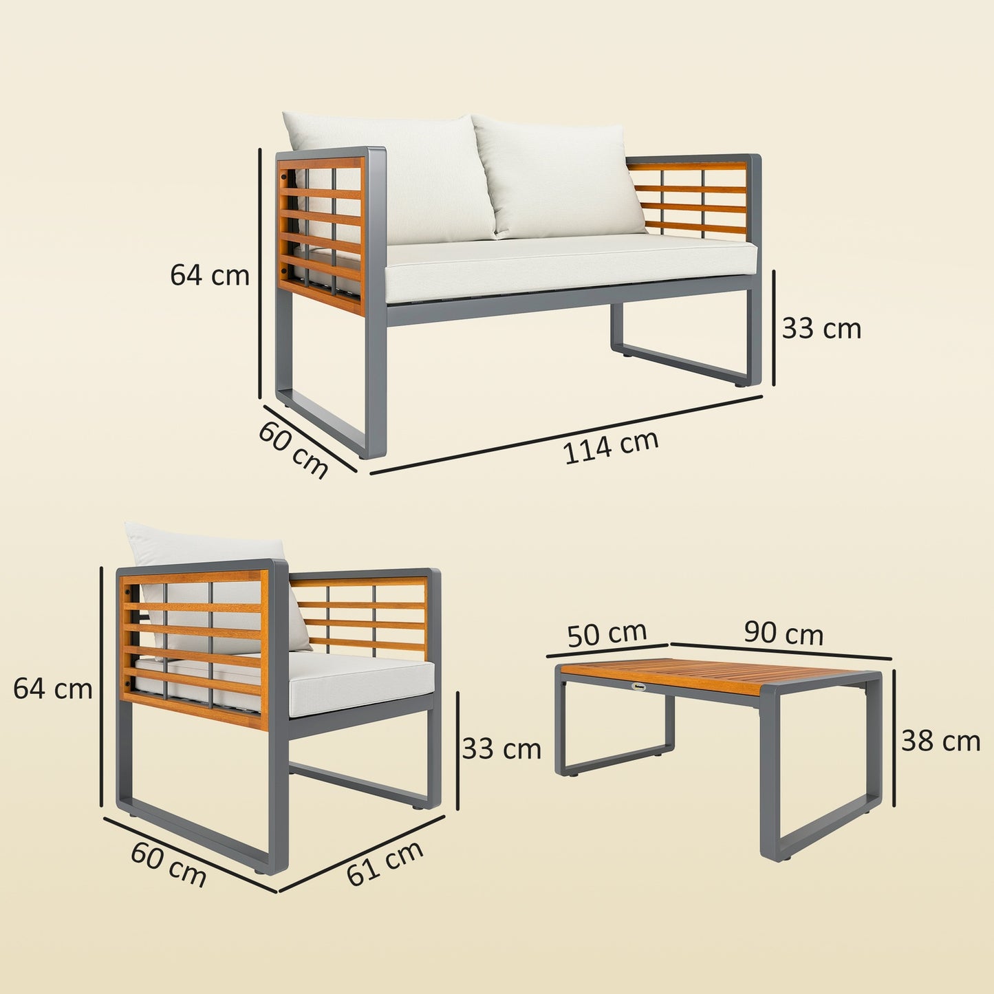 Garden furniture in acacia wood, 4-person seating, beige