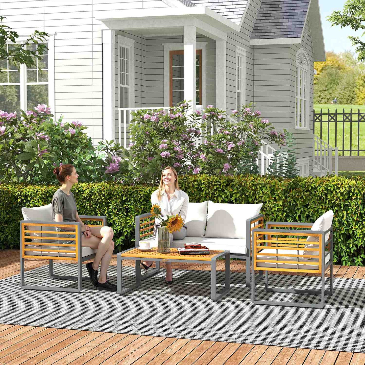 Garden furniture in acacia wood, 4-person seating, beige