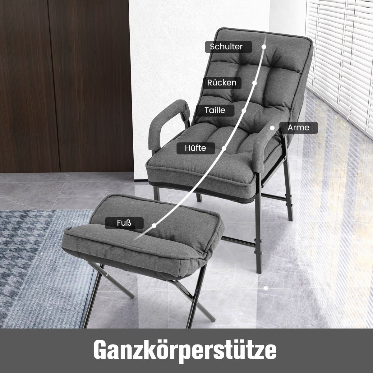 Accent Chair & Ottoman Set, Adjustable Backrest, Grey Linen