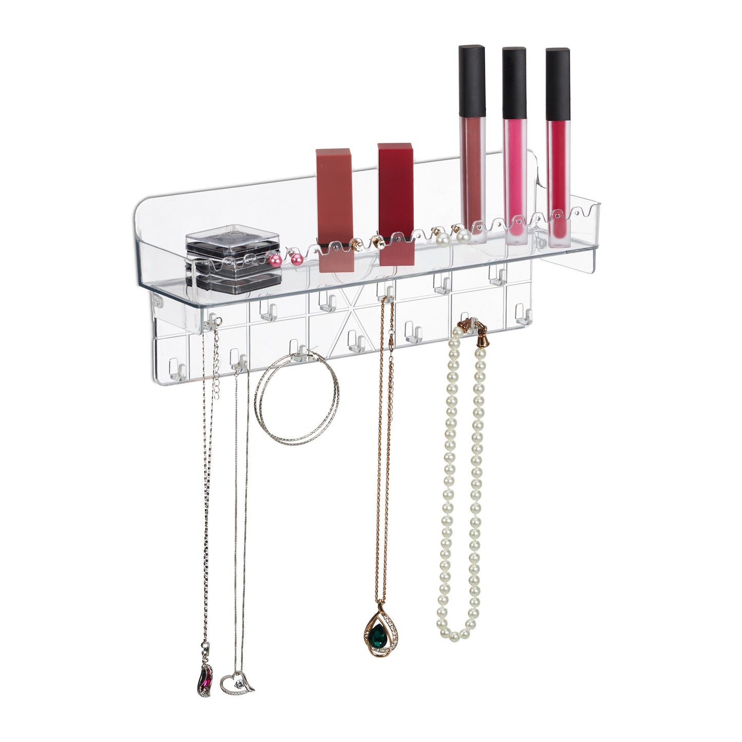 Adhesive Jewelry Organizer with Shelf and Hooks