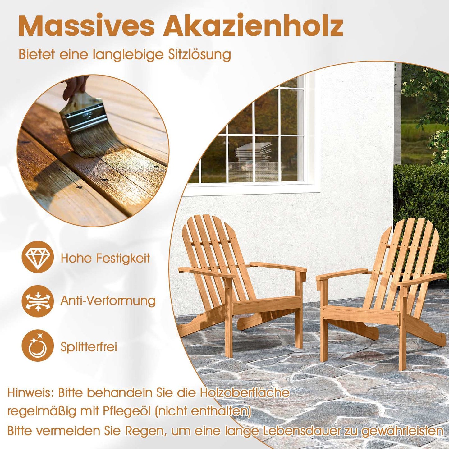 Adirondack Chair Acacia Wood, Ergonomic, 180kg Capacity