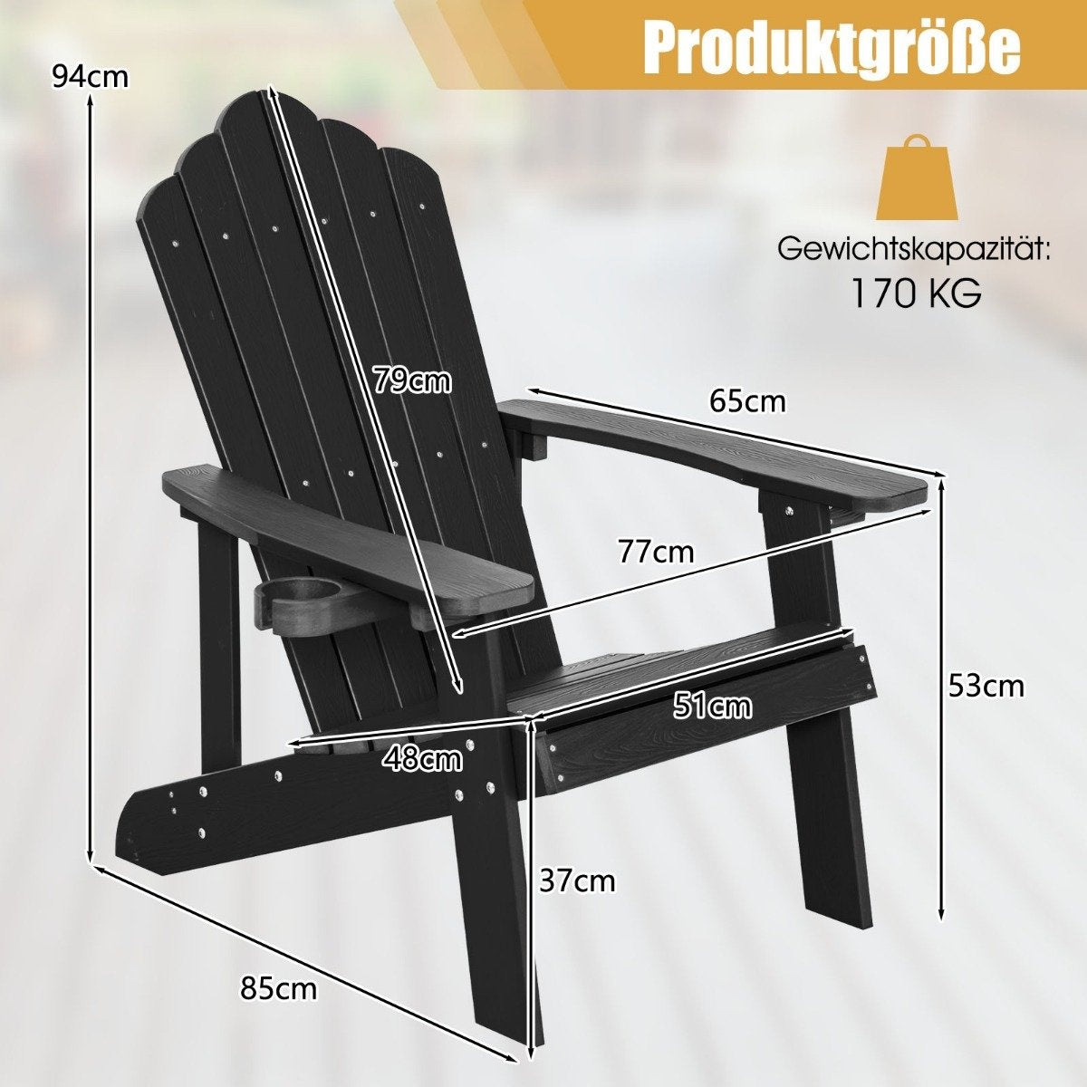 Adirondack Chair with Cup Holder, Black, Weatherproof HIPS