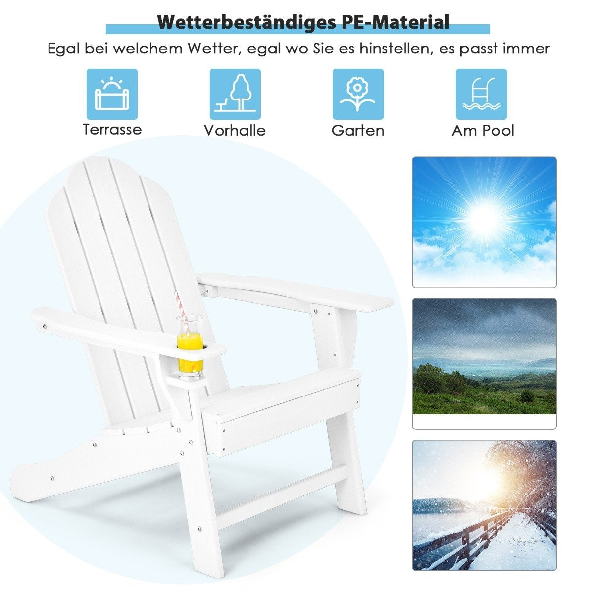 Adirondack Chair with Cup Holder Patio Chair Fire Pit Chair 85.5 x 78.5 x 94 cm White