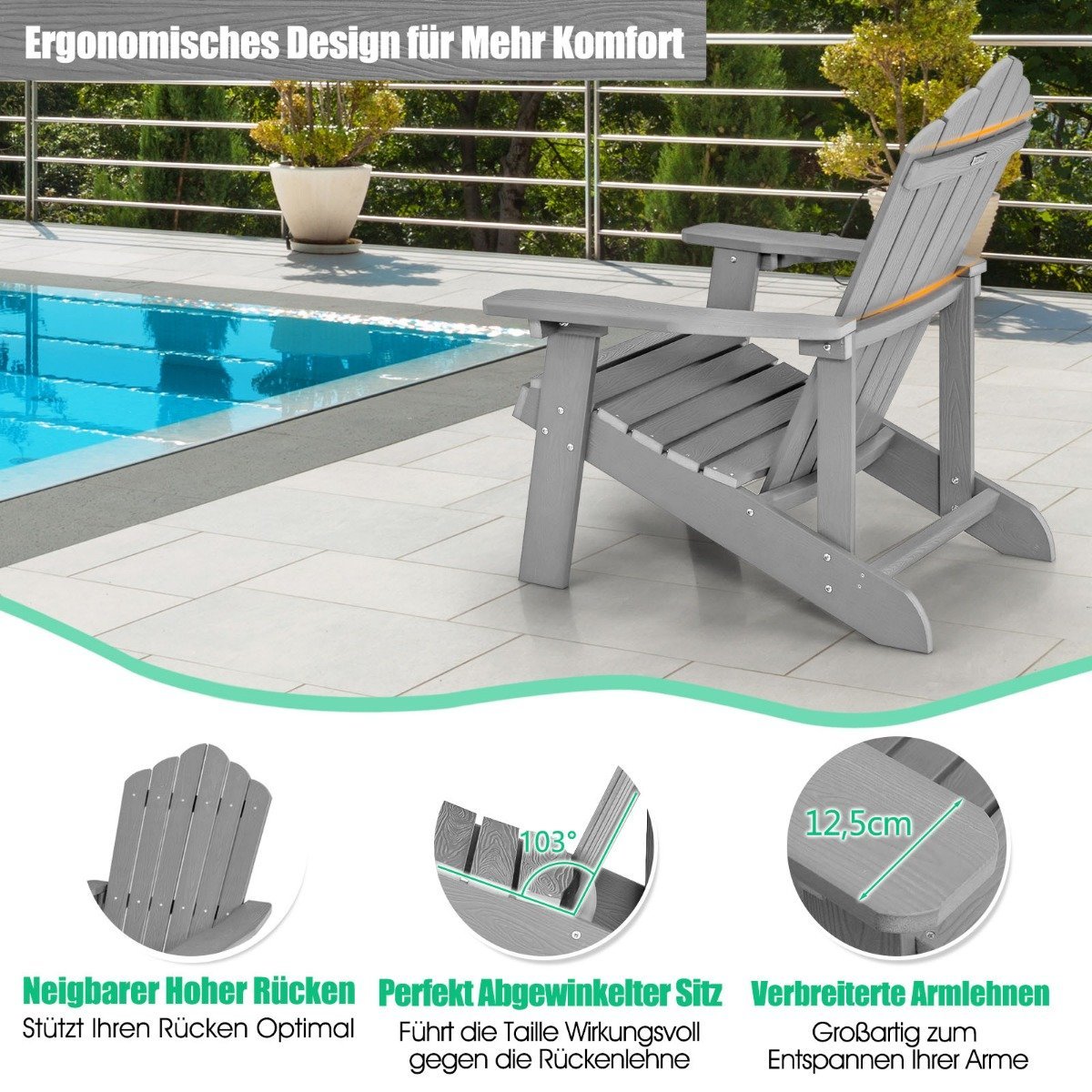 Adirondack Chair with Cup Holder, Weatherproof, Light Gray