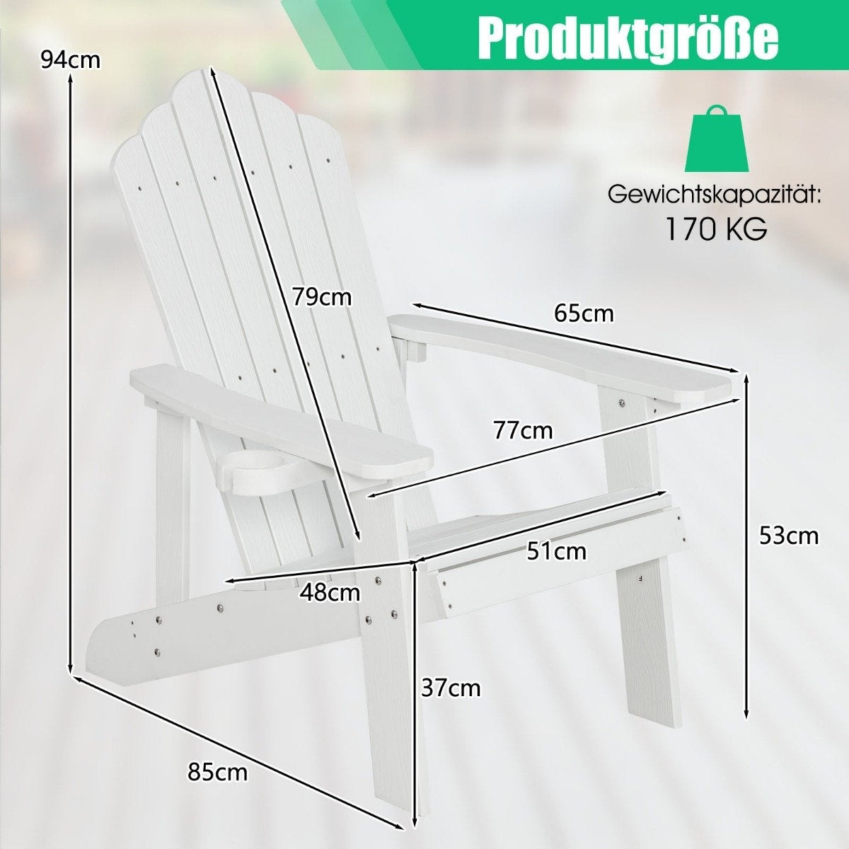 Adirondack Chair with Cup Holder, Weatherproof, White