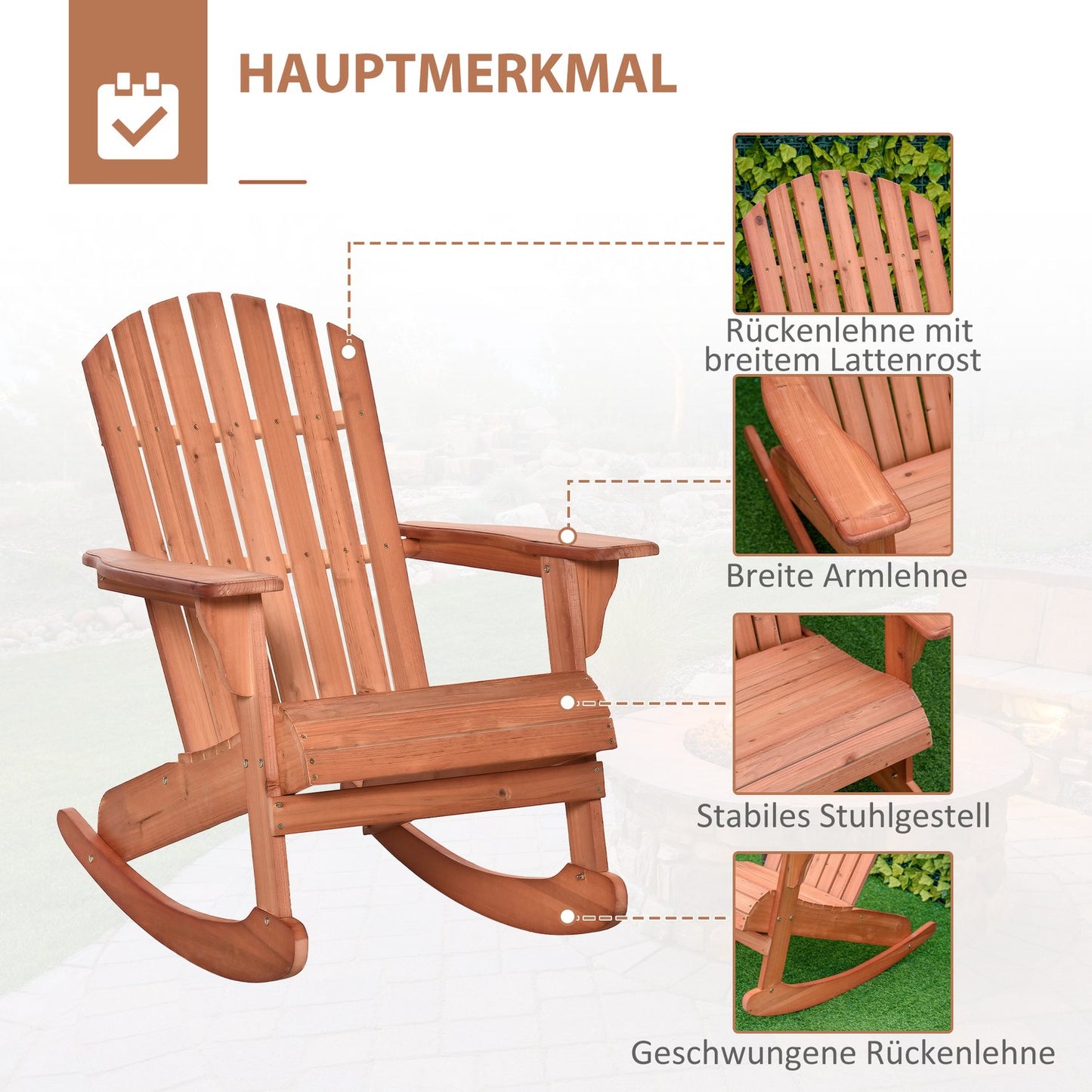 Adirondack rocking chair for balcony, natural finish, 77x94x97cm