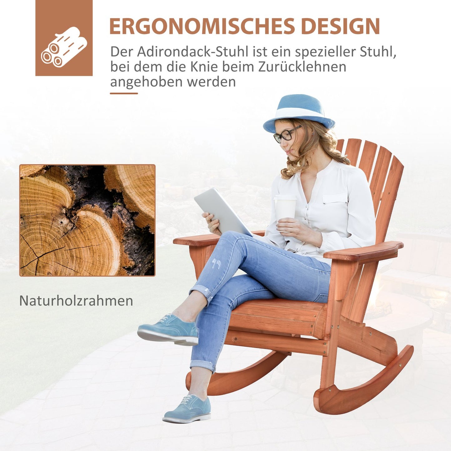 Adirondack rocking chair for balcony, natural finish, 77x94x97cm