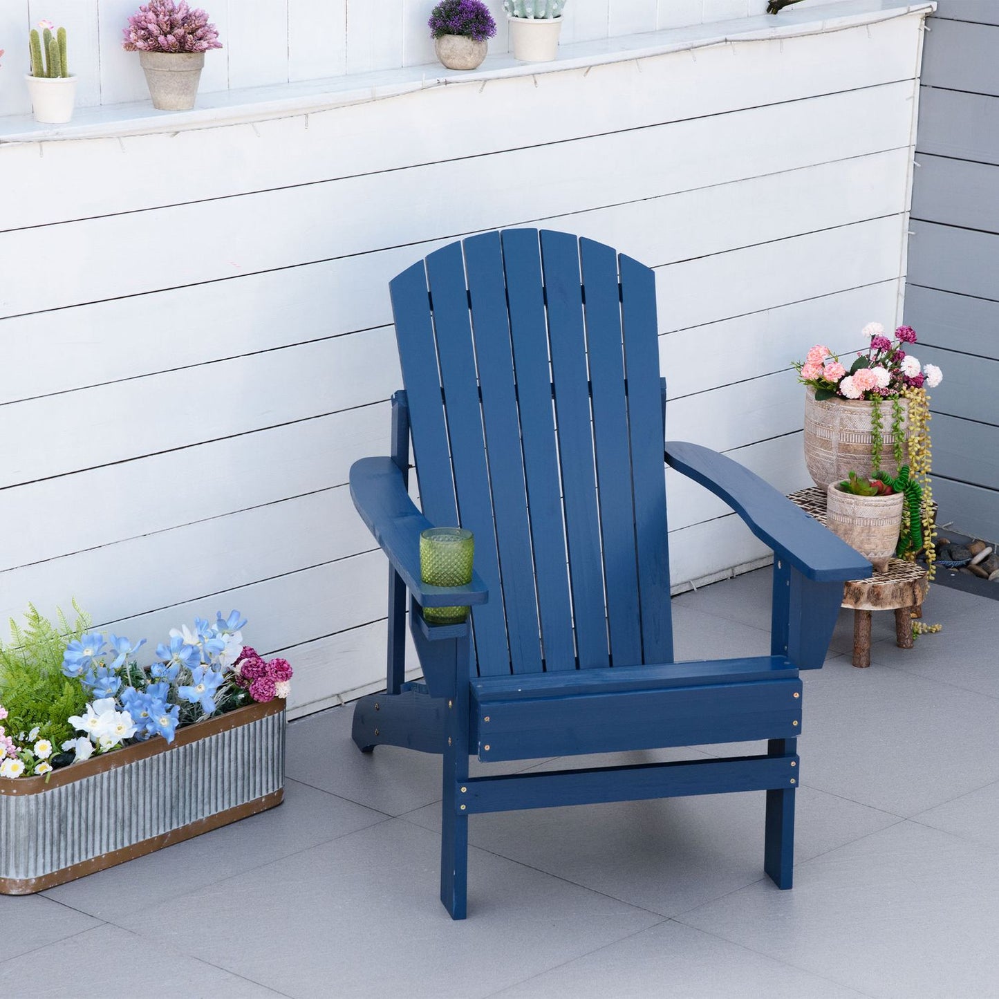 Adirondack chair, blue wooden chair with cup holder