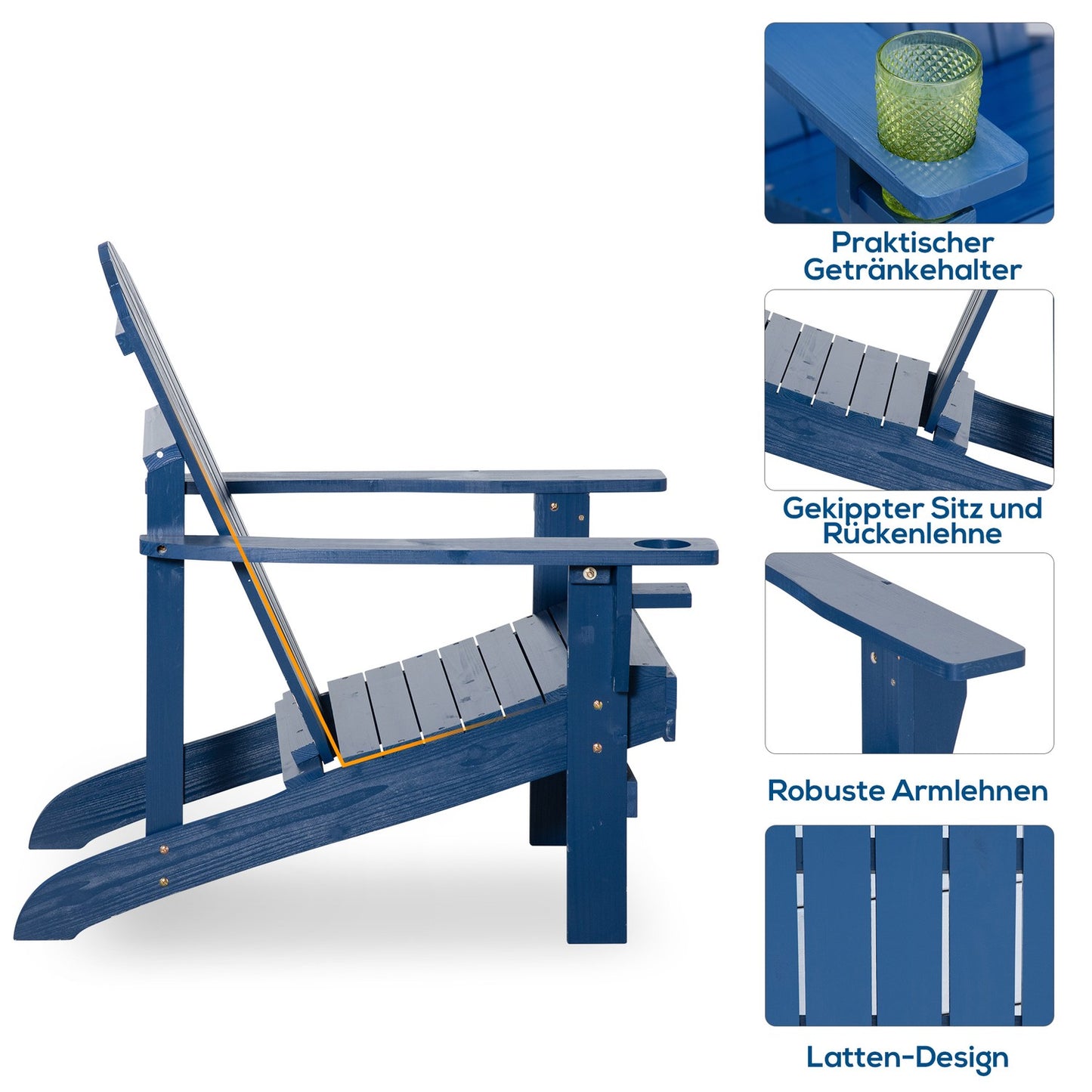 Adirondack chair, blue wooden chair with cup holder