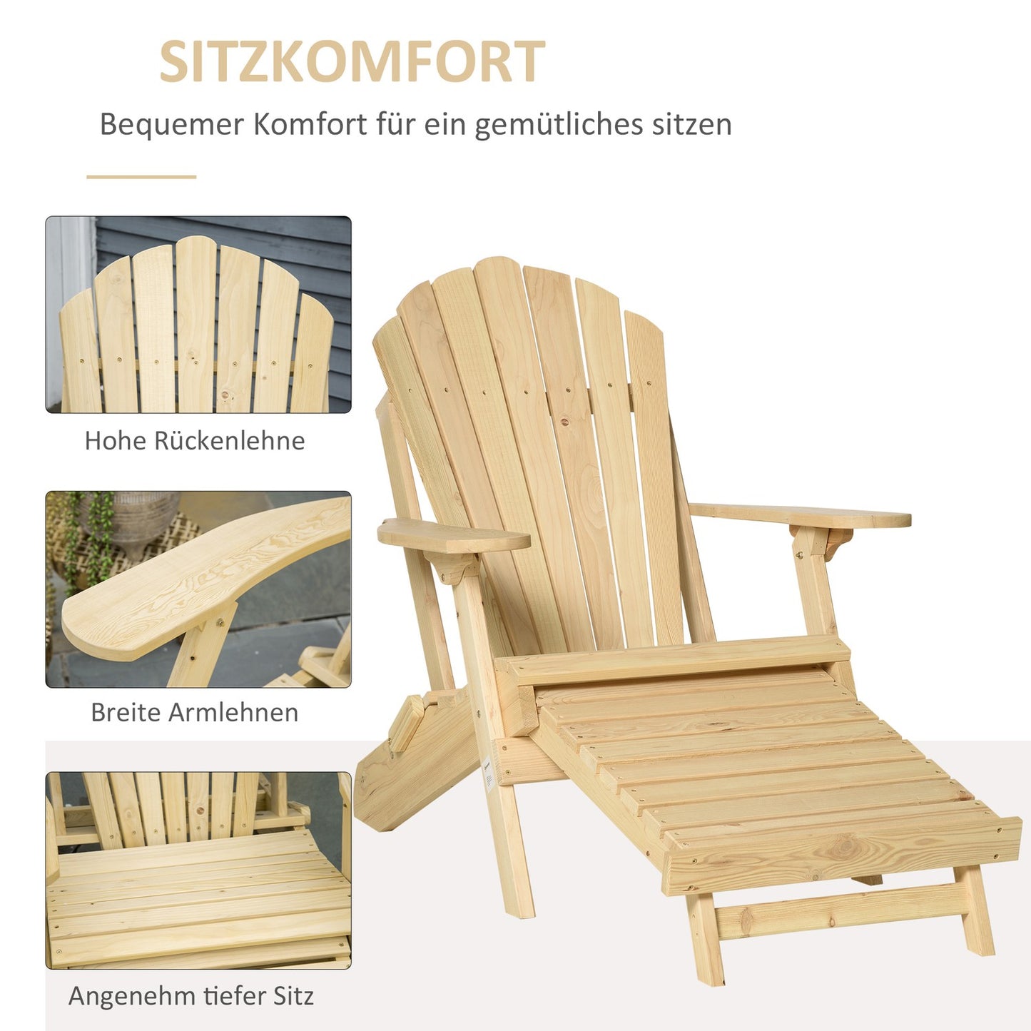 Adirondack garden chair, folding pine, with footrest