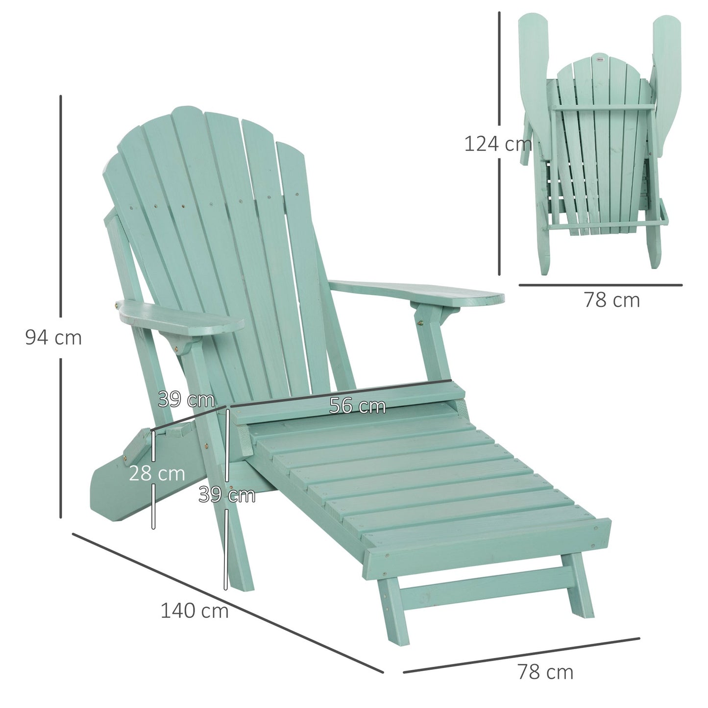 Adirondack Pine Wood Garden chair with footrest, green