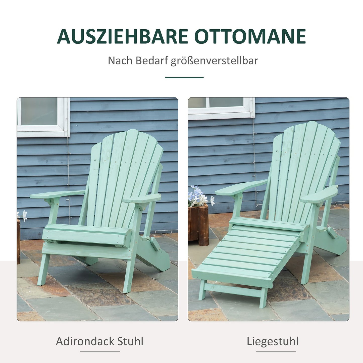 Adirondack Pine Wood Garden chair with footrest, green