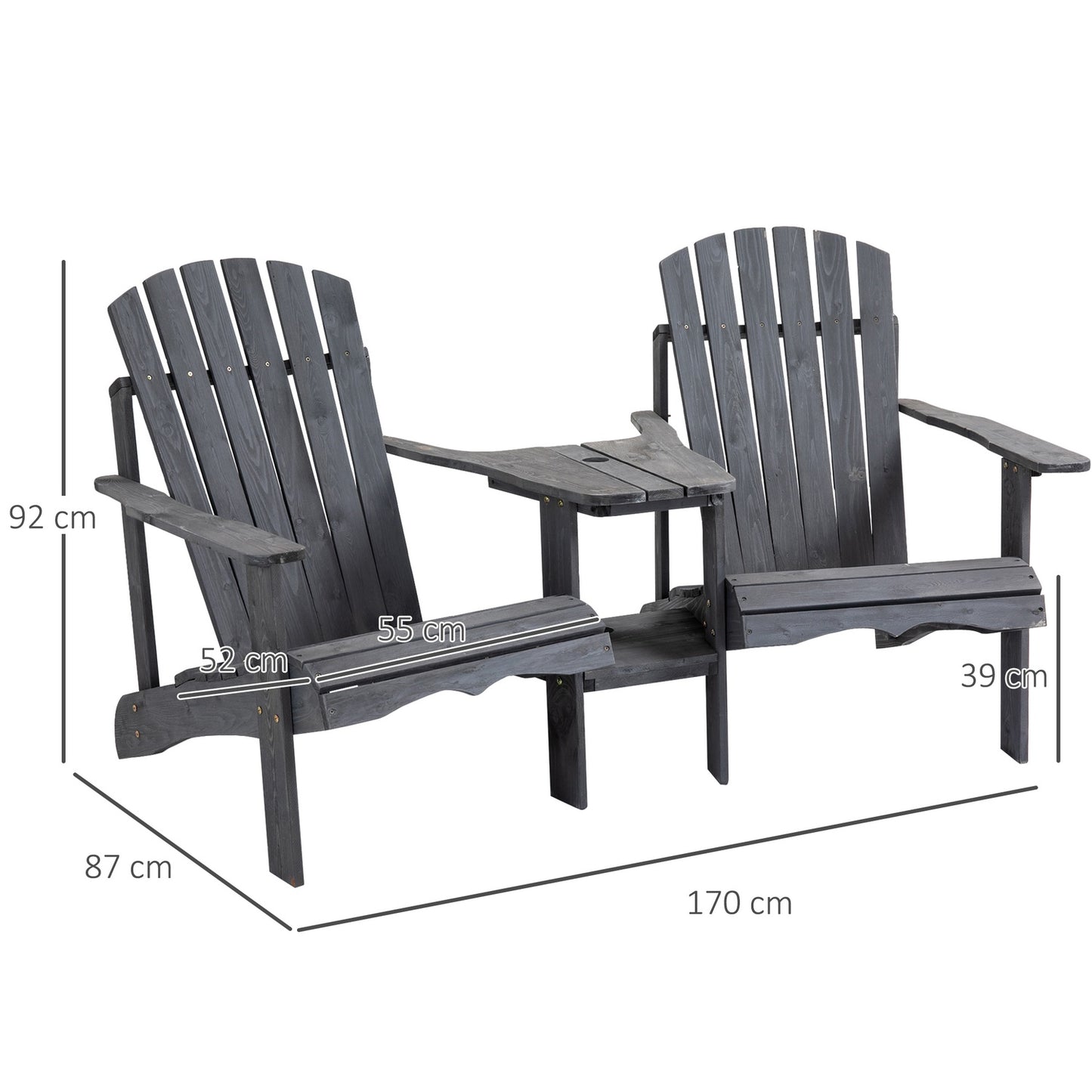 Adirondack 2-seater garden chair set, wood, dark grey