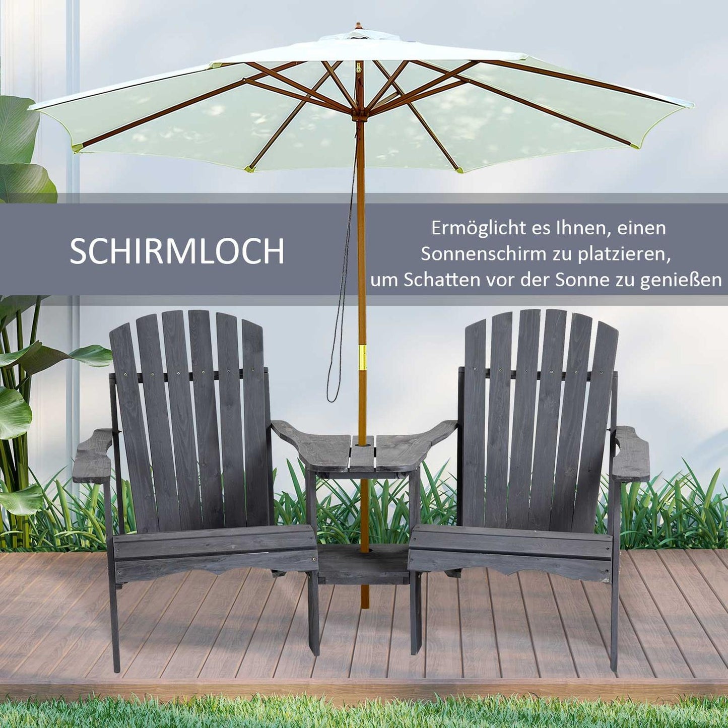 Adirondack 2-seater garden chair set, wood, dark grey